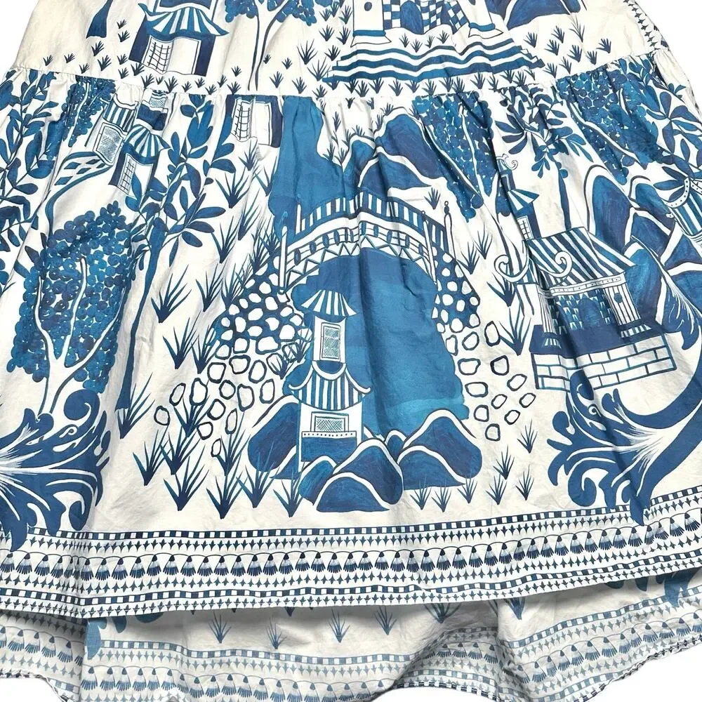 FARM Rio | Women | Ancient Garden Blue White Cotton Poplin Midi Dress | Size XS